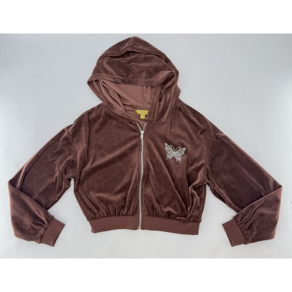 Cult Favorite Hoodie Velour Zip Up Butterfly Rhinestone Jacket Sz M Y2K Hipster - Picture 9 of 11